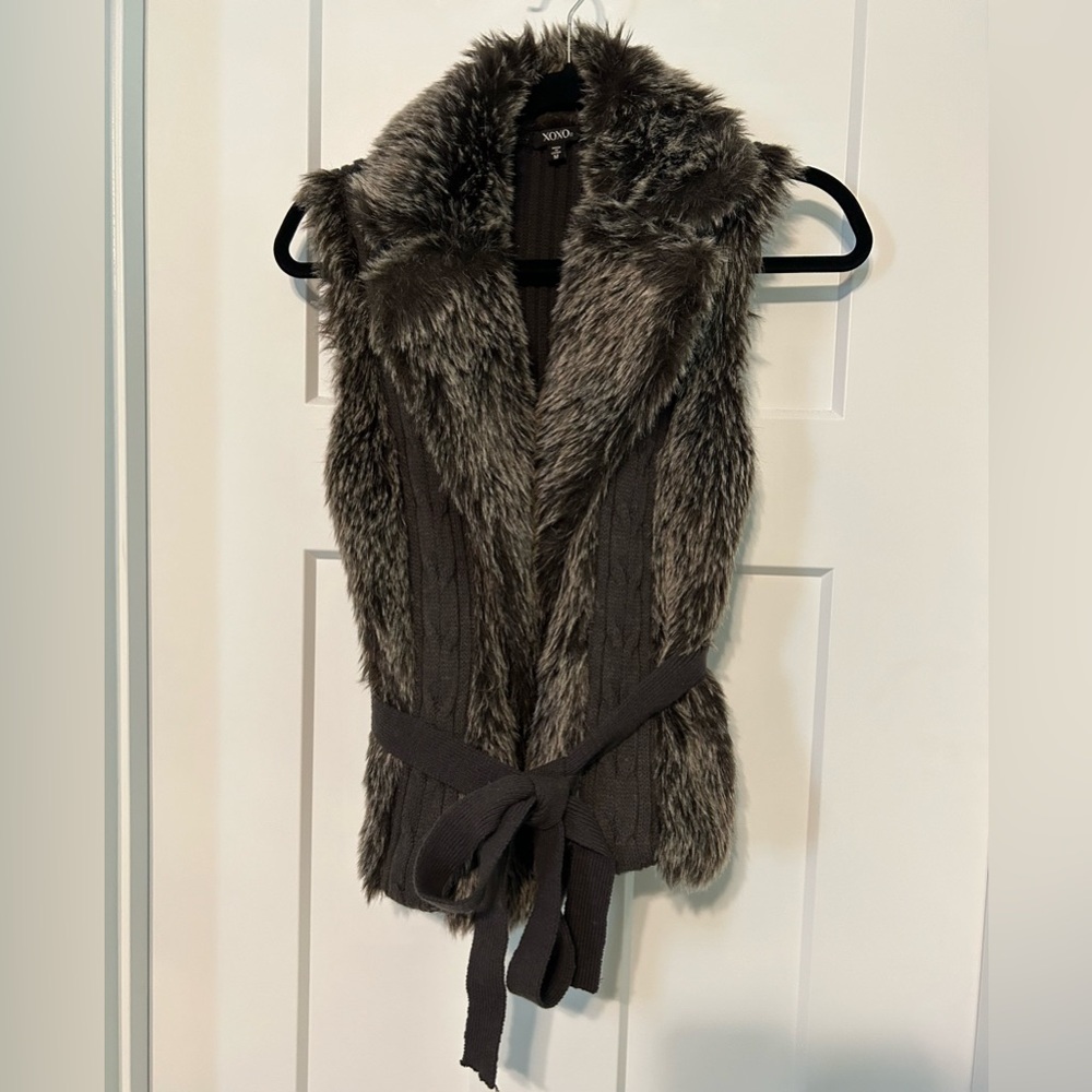 XOXO faux fur sweater vest with tie sash